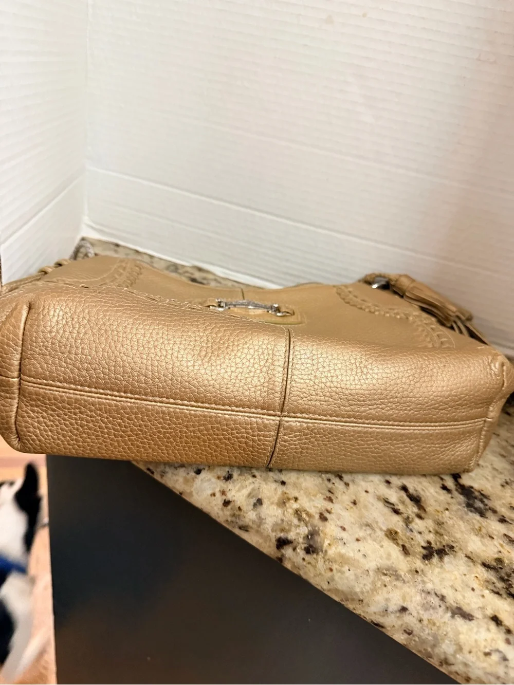 Brighton Gold Pebbled Leather Shoulder Bag with Tassel Accent